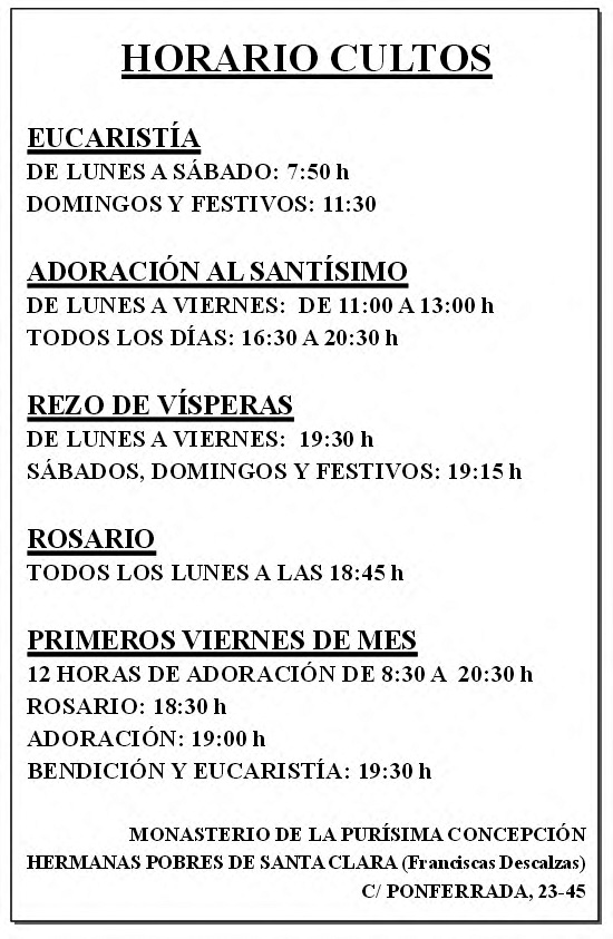 Horario Monasterio de la Purísima Concepción 'Clarisas' (Salamanca)