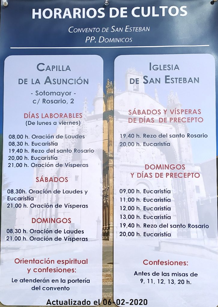 Horarios cultos Convento de San Esteban (Salamanca)